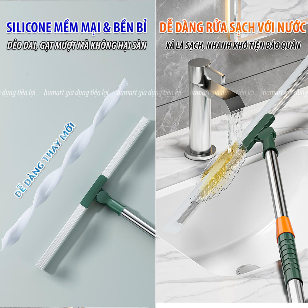 Chổi Gạt Nước Sàn Nhà Silicone Lau Kính Cán Dài Đa Năng Hamart Xoay 180º Quét Tóc Gầm Giường Khe Ghế