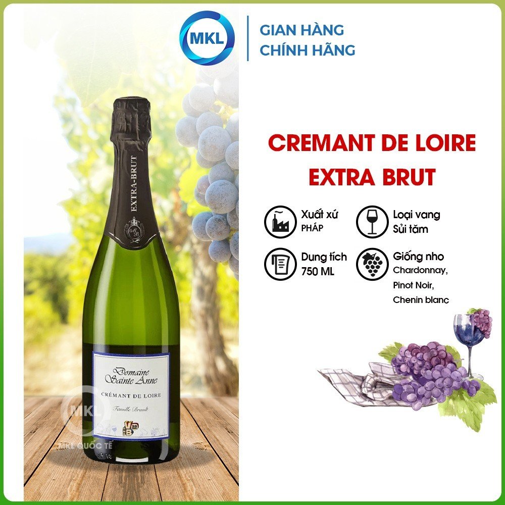 Rượu vang sủi bọt Cremant de Loire extra brut Doamine Sainte Anne - AOP Cremant de Loire 750ml 12% chính hãng