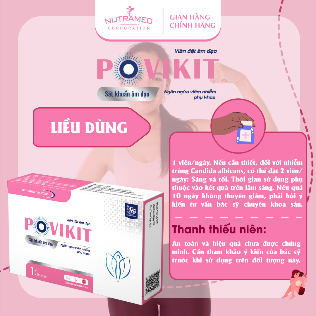 Viên đặt Povikit hỗ trợ giảm viêm cô bé do nhiễm vi khuẩn, nấm ngứa, mùi hôi - Nutramed (10 viên)