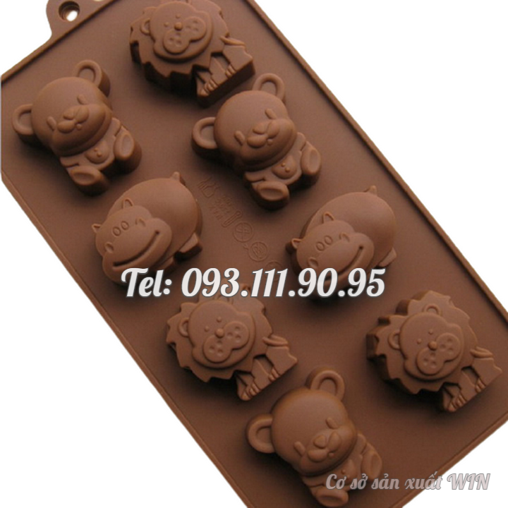 Khuôn silicon làm bánh, rau câu, socola 8 con hà mã, sư tử, gấu – Mã số 1435