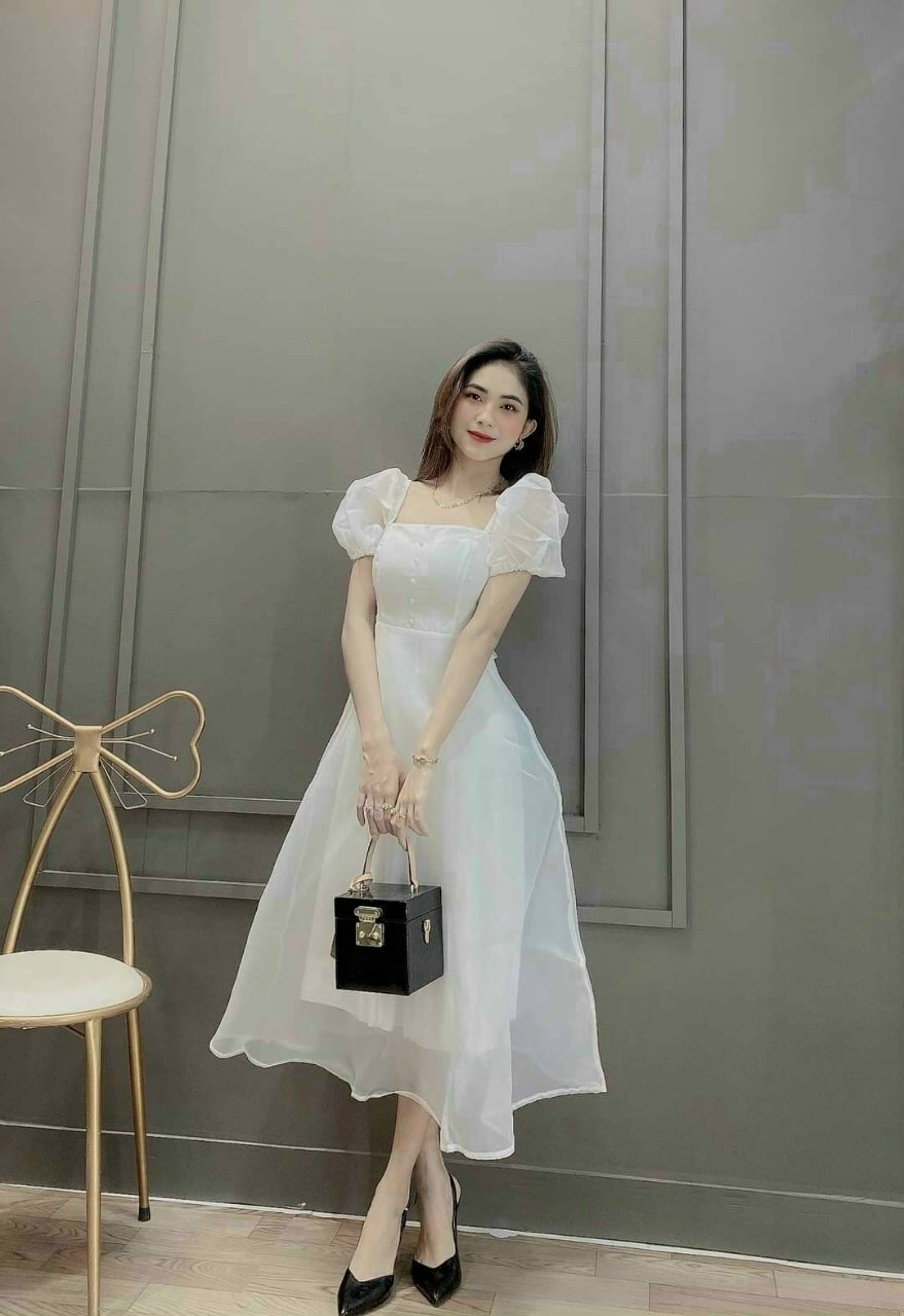 Đầm váy nữ dự tiệc voan tơ cổ vuông đính ngọc đỏ trắng nude nhẹ nhàng trẻ trung