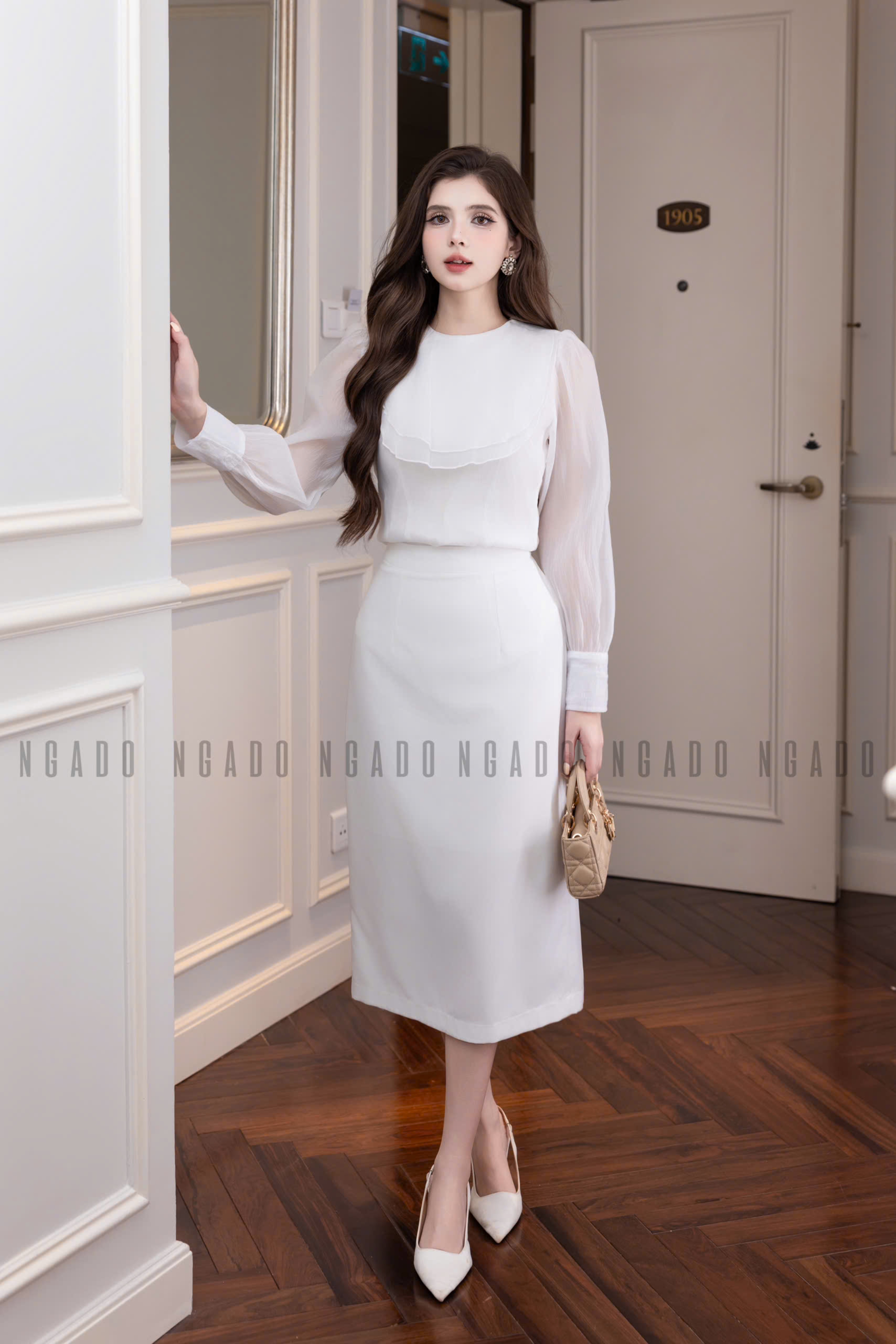 Set áo váy voan trắng bút chì NGADO , set áo kèm váy , set áo váy Nữ