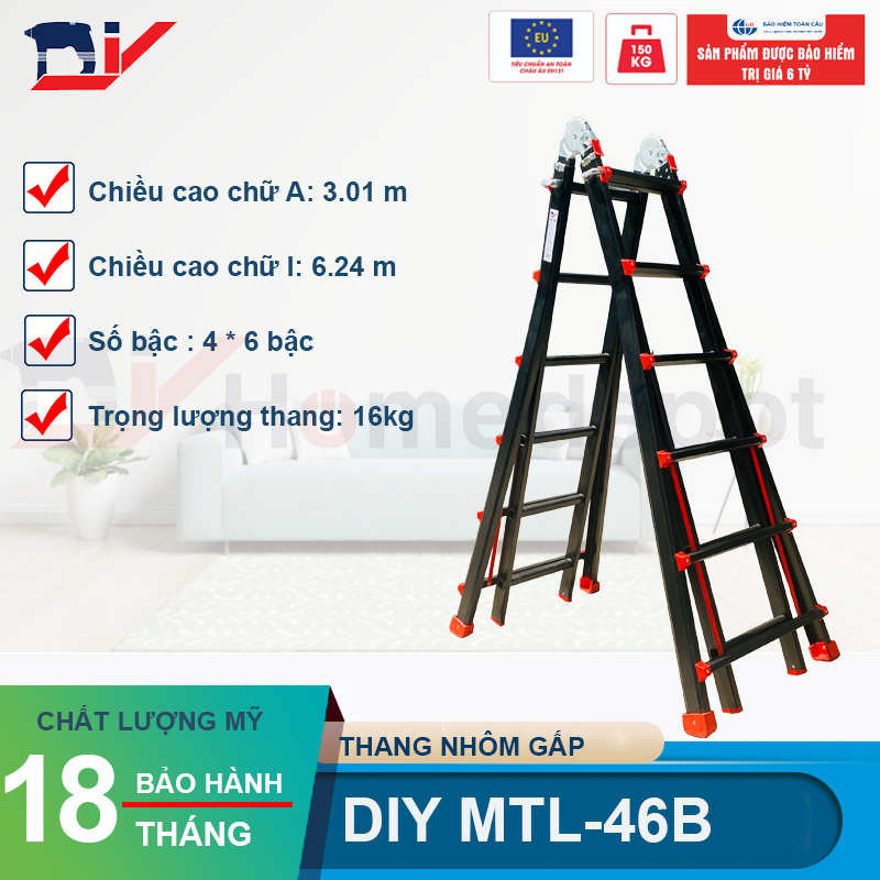 Thang Nhôm Gấp Đa Năng DIY MTL-46B chiều cao sử dụng tối đa chữ A 3.01M chữ I 6.24M ( nút đỏ )