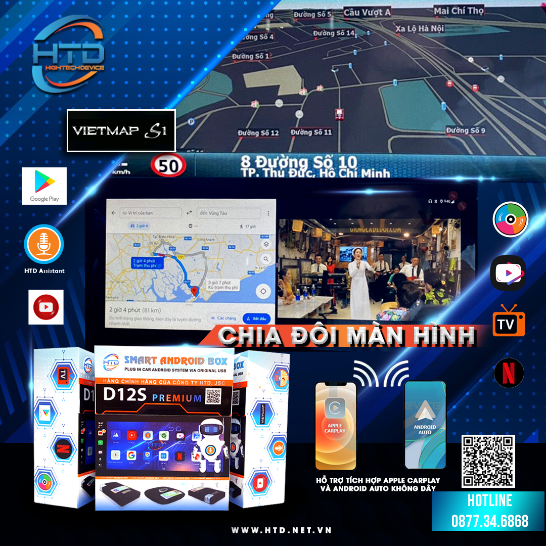 HTD Smart Carplay AI Box D12S Premium – CPU Snapdragon 8 Core Chính hãng