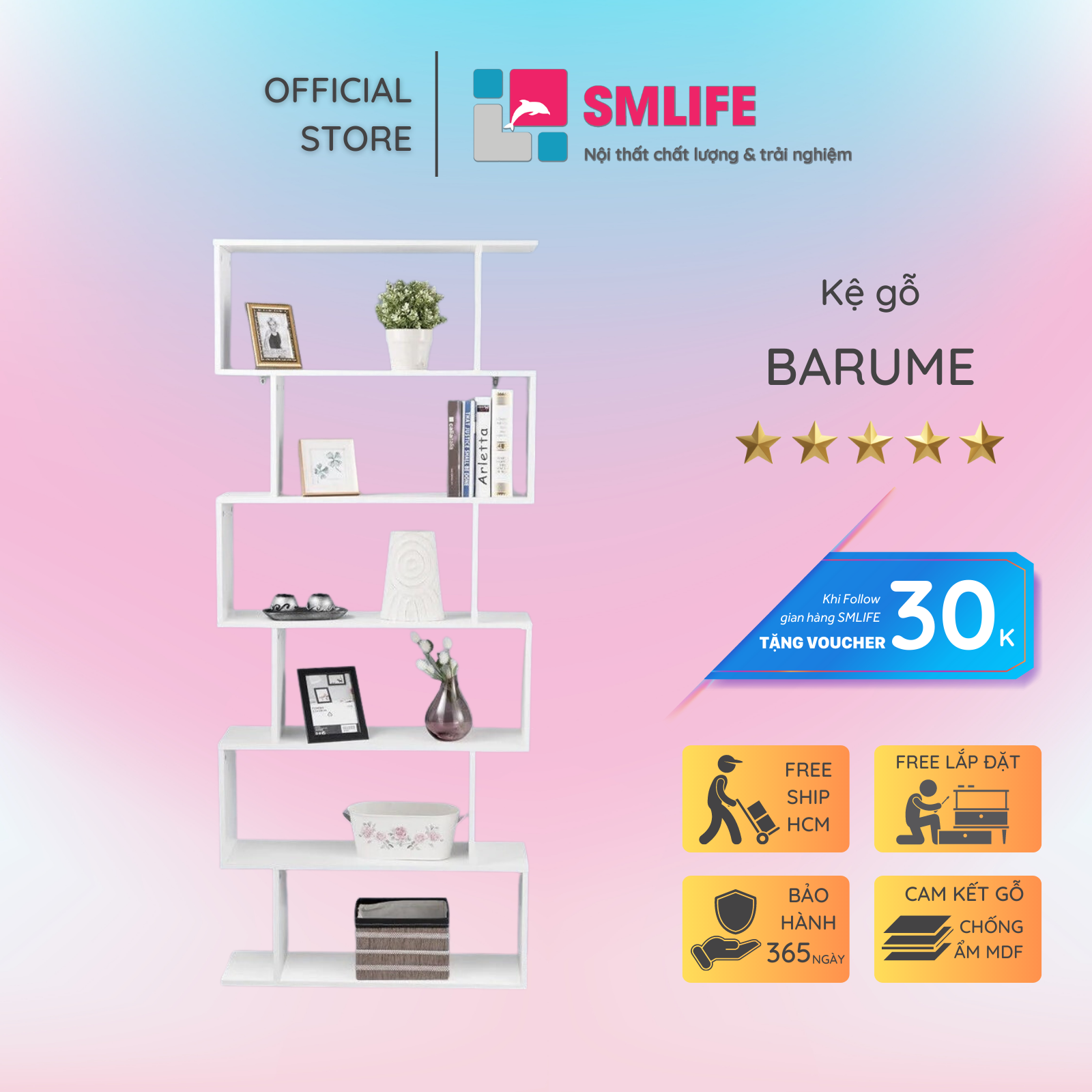 Kệ sách, kệ trang trí gỗ hiện đại SMLIFE Barume  | Gỗ MDF dày 17mm chống ẩm | D60xR25xC190cm
