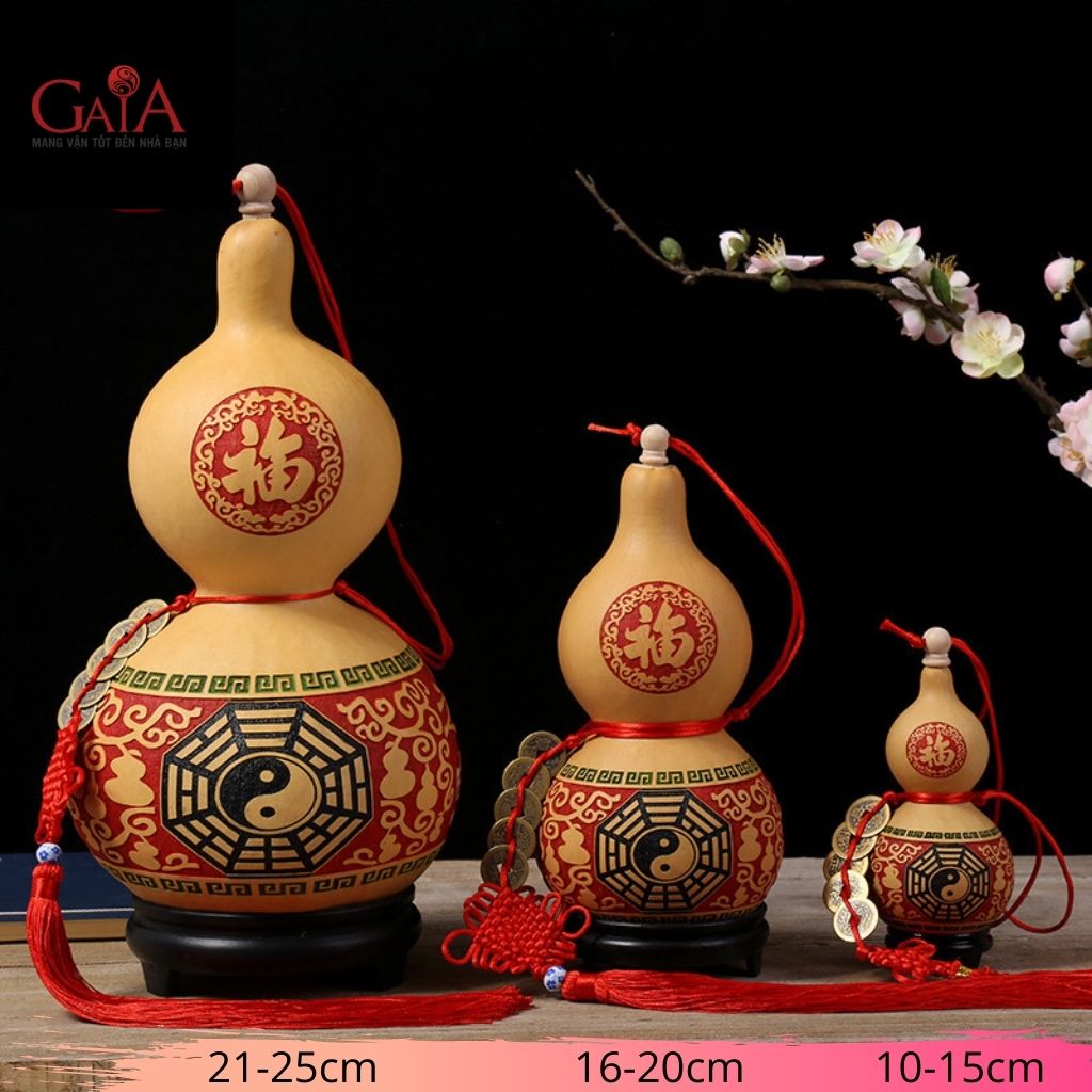 Bầu hồ lô trái tự nhiên điêu khắc các họa tiết may mắn, đi kèm xâu đồng xu ngũ đế kích tài lộc