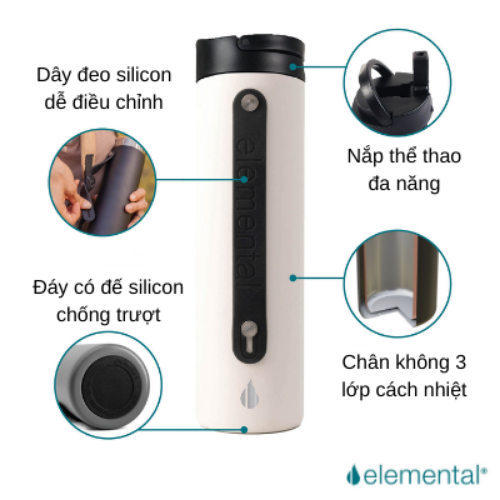 Bình giữ nhiệt Elemental Iconic sport màu trắng 590ml, giữ nhiệt vượt trội, inox 304, FDA Hoa Kì, An toàn sức khỏe, có ống hút