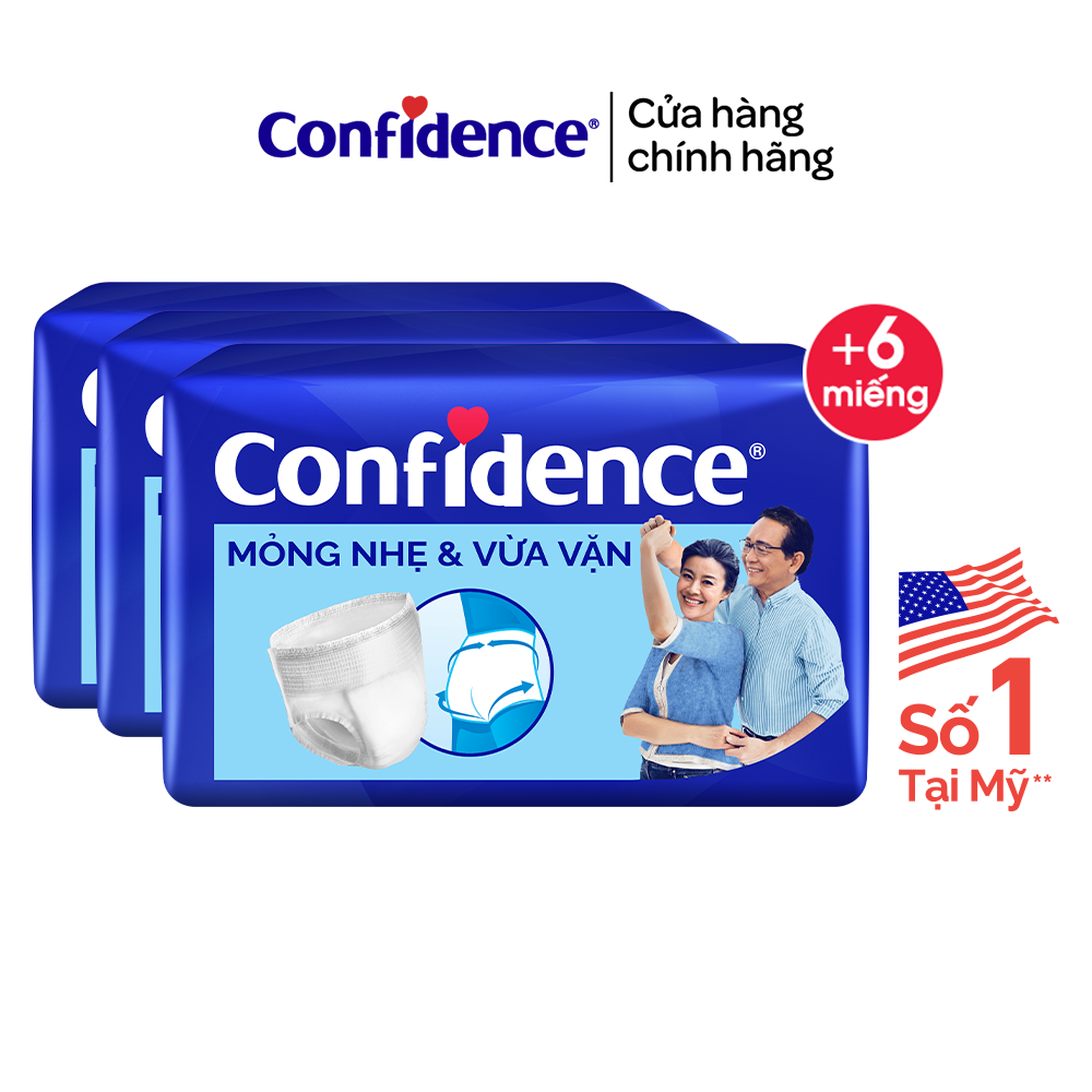 Thùng 3 gói Tã quần người lớn Confidence Slim&amp;Fit mỏng nhẹ vừa vặn size M/L gói 16/14 +2 miếng