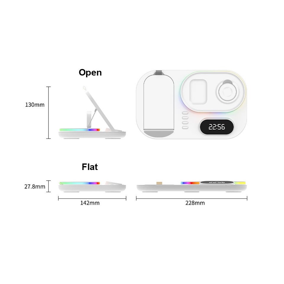 Đế Sạc Không Dây Đa Năng 4 Trong 1 Tích Hợp Đèn LED Và Đồng Hồ