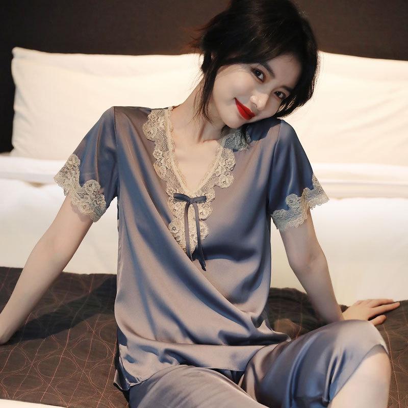 Bộ đồ ngủ pijama nữ, bộ mặc nhà quần lửng mùa hè vải lụa ngắn tay, cổ chữ V phối ren quyến rũ, phong cách ngọt ngào PN