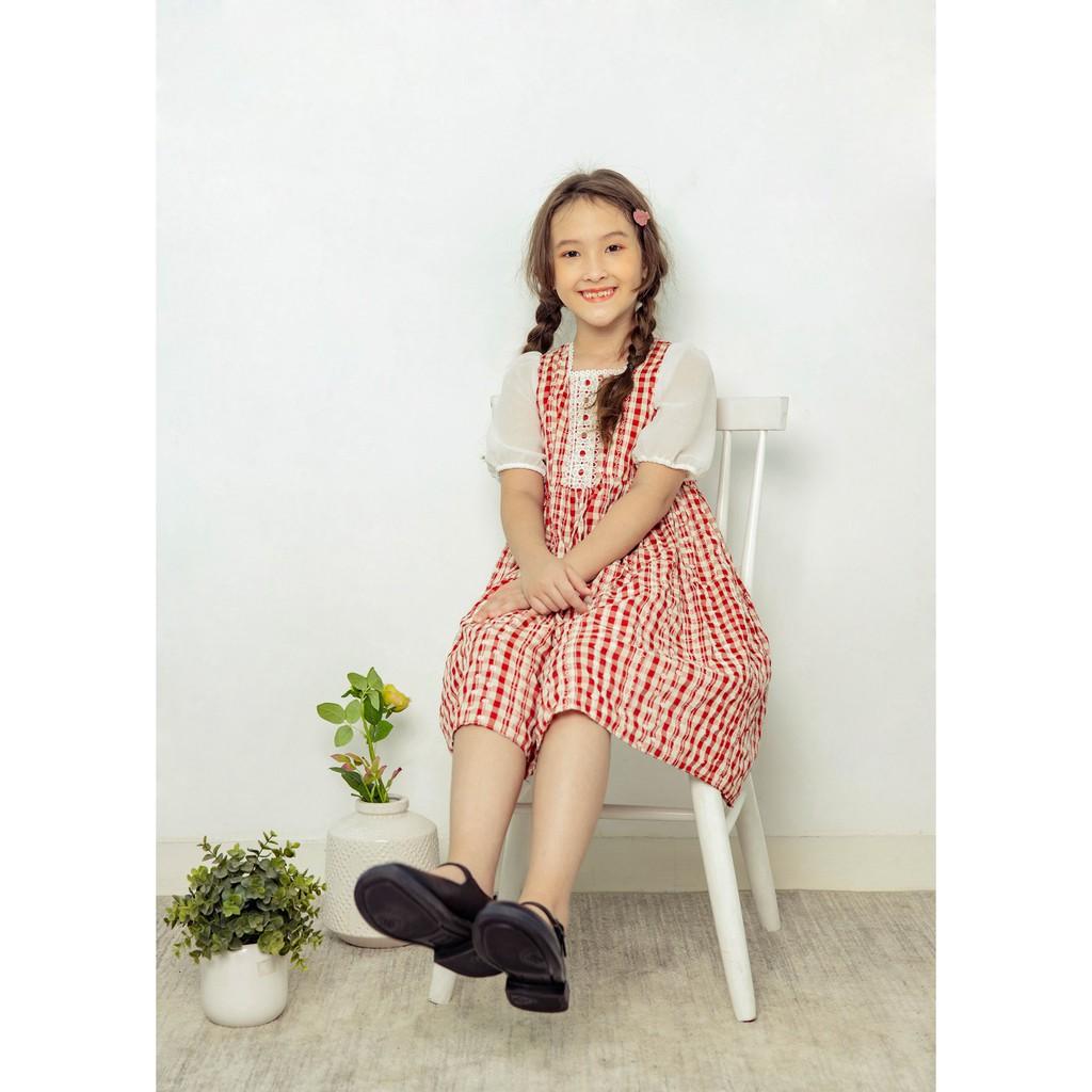 Váy đầm bé gái BYZU, vải cotton caro hoa nhí màu đỏ xinh xắn