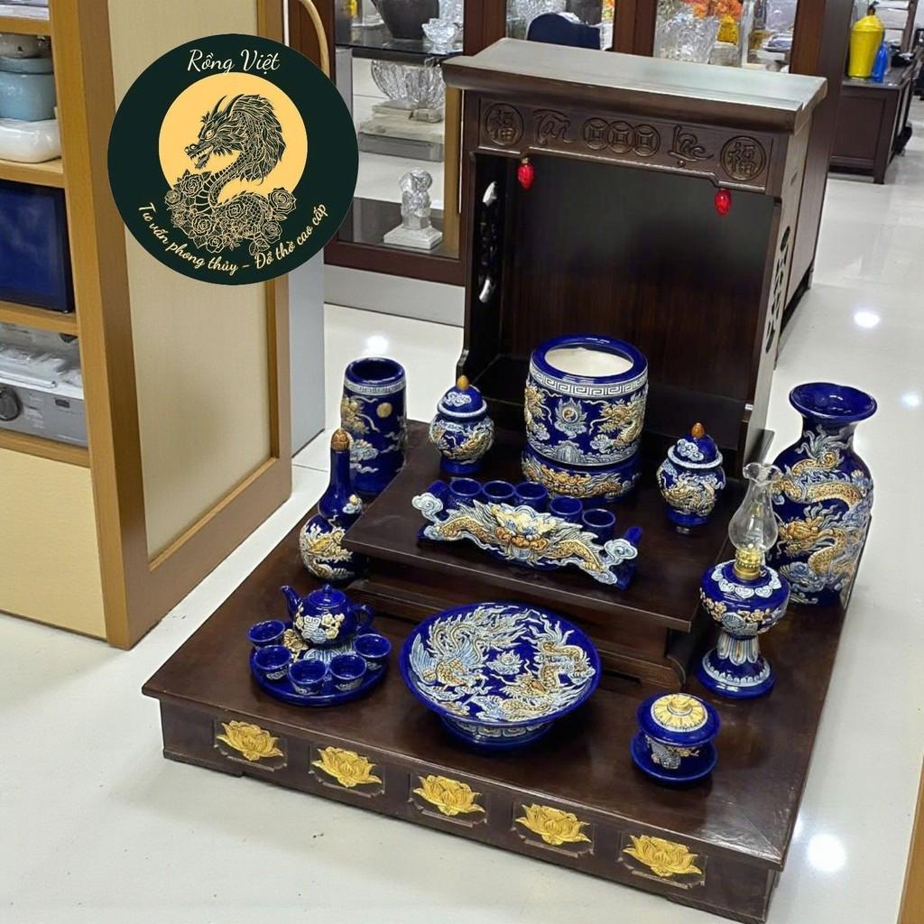 Bộ sứ men xanh RỒNG VIỆT - Gốm Bát Tràng cao cấp, men xanh dương với họa tiết Rồng phượng tinh xảo