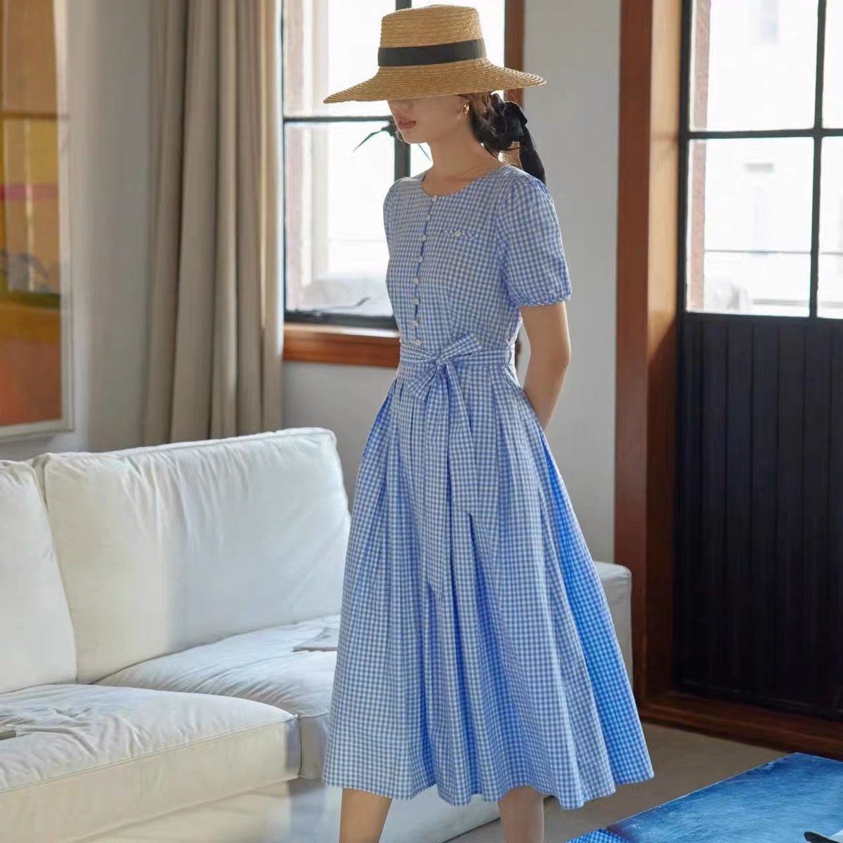 Đầm xòe kate nhập họa tiết kẻ sọc cổ tròn buộc nơ eo sang trọng, nhiều size, form dáng đẹp thích hợp mặc đi làm, đi tiệc