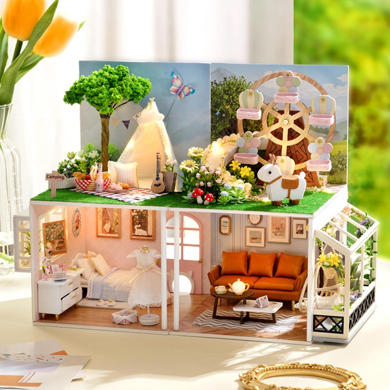 Unfinished Dollhouse DIY Kit Tiny House Building Kit Creative Room Home Dollhouse Model with Lights for Adults Friends Children Gifts