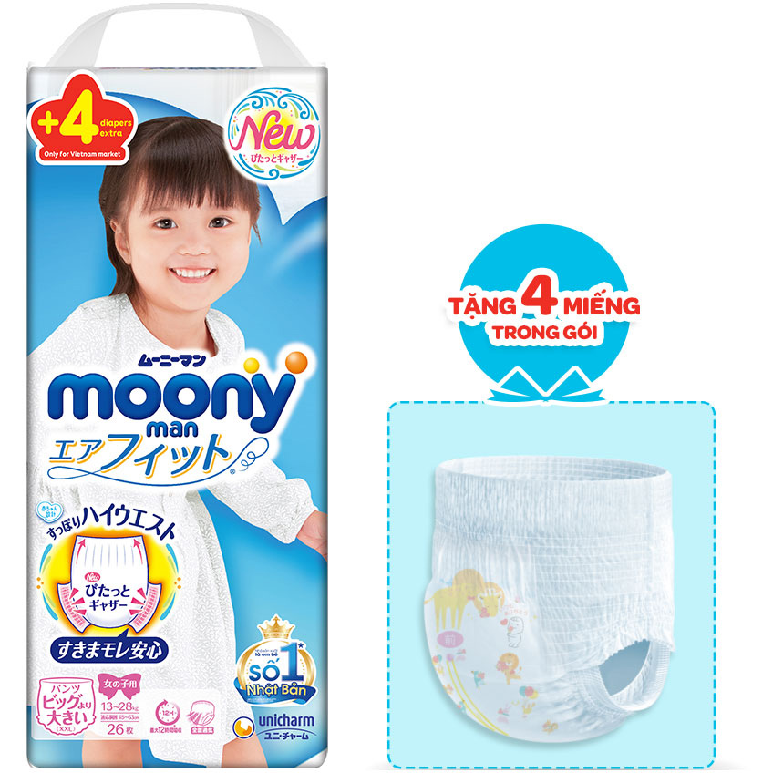 Tã Quần Cao Cấp Moony Nhật Bản Bé Gái XXL26 (26 Miếng) - Tặng 4 miếng trong gói