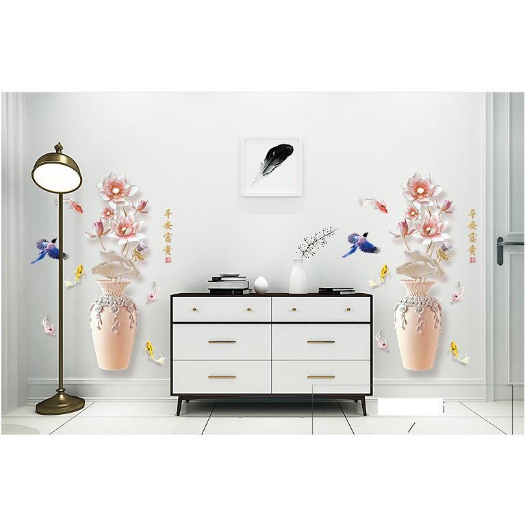 Decal trang trí tường - Chậu và Hoa Sen trắng hồng nhạt 3D mới