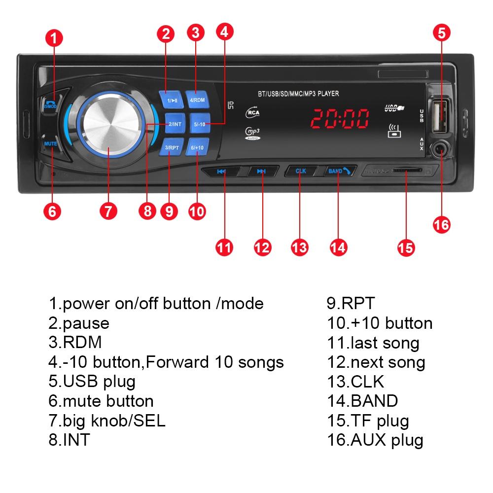 Máy nghe nhạc MP3 MMC SD FM âm thanh nổi lưu trữ bộ nhớ Bluetooth 4.0 hỗ trợ thẻ nhớ TF USB AUX 1 Din EQ cho xe hơi