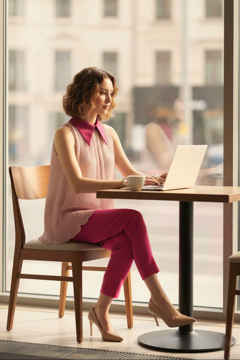 Áo Sơ Mi Vai Yếm Dập Ly, Áo Sát Nách Cổ Sơ Mi Hồng thời trang thiết kế Hity TOP246