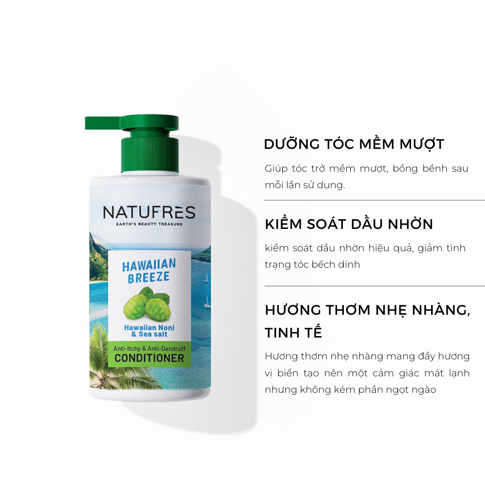 Dầu xả NATUFRÈS Hawaiian Breeze Muối Biển và Trái Nhàu - Điều tiết bã nhờn &amp; chống bết dính, tóc mềm mượt 250ml