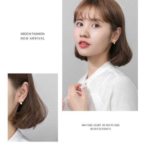 Khuyên tai bạc Ý s925 cọng nơ vàng gắn ngọc trắng G1353 - AROCH Jewelry