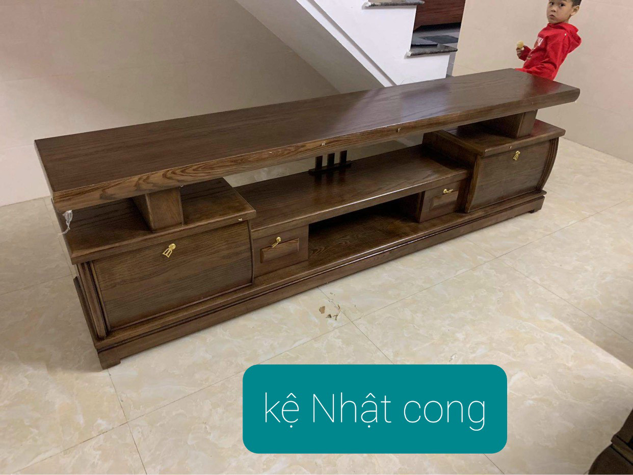 Kệ tivi nhật cong, gỗ sồi dài 2m, 2m2, 2m4