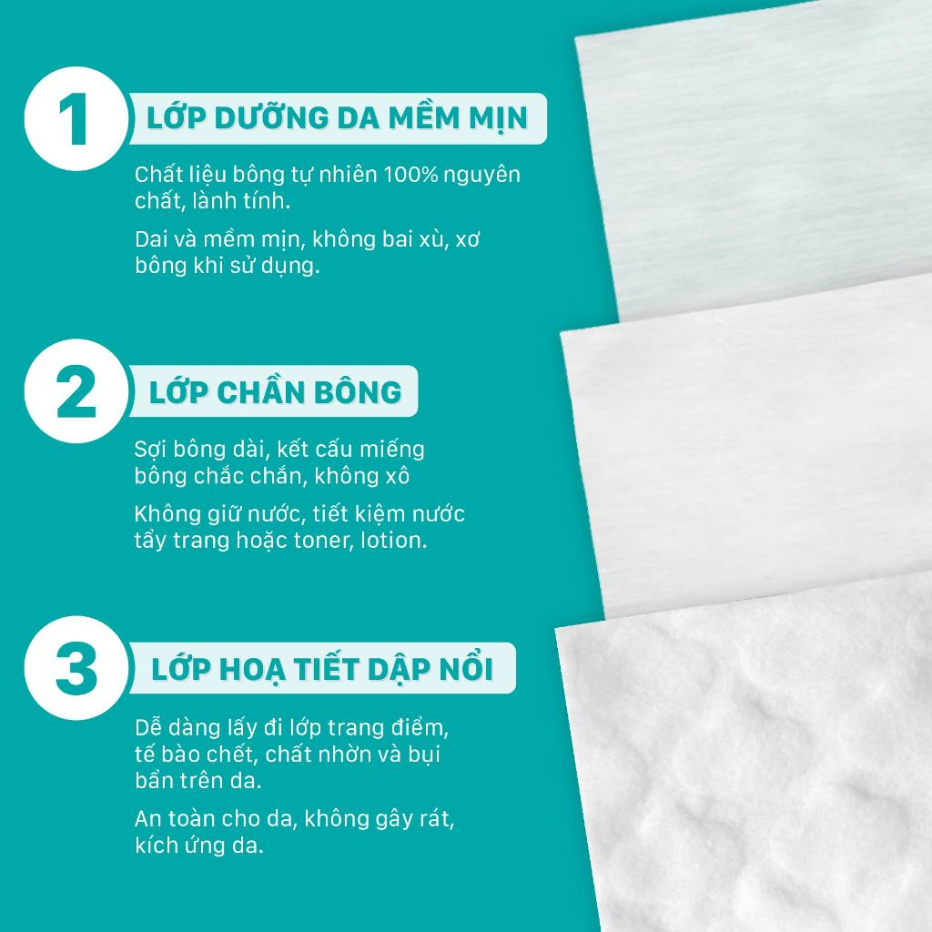 COMBO 05 Bông Tẩy Trang Vuông NIVA Cotton Pads Cao Cấp Cp1 Hộp 50 Miếng Bông Tự Nhiên Mềm Mại An Toàn Với Da Nhạy Cảm