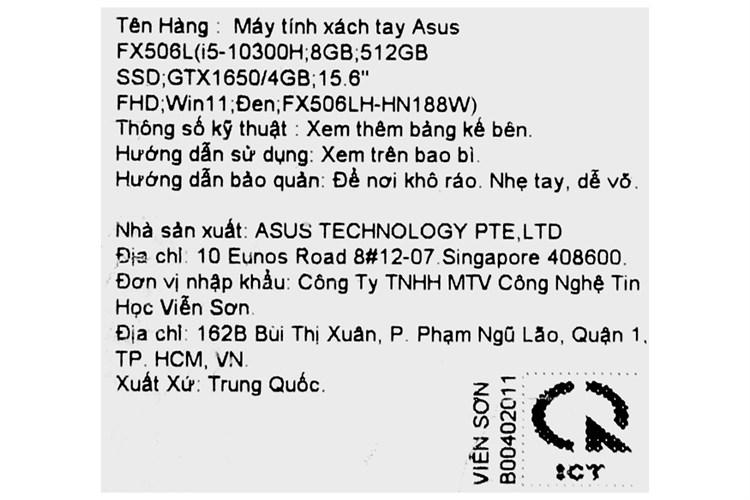 Laptop Asus FX506LH i5 10300H/8GB/512GB/4GB GTX1650/15.6&quot;F/144Hz/Win11/(HN188W)/Đen - Hàng chính hãng