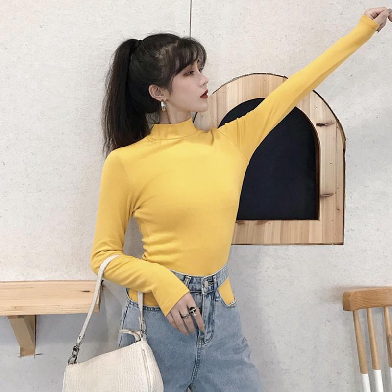 Áo thun dài tay cổ lọ màu trơn đơn giản phong cách Hàn Quốc