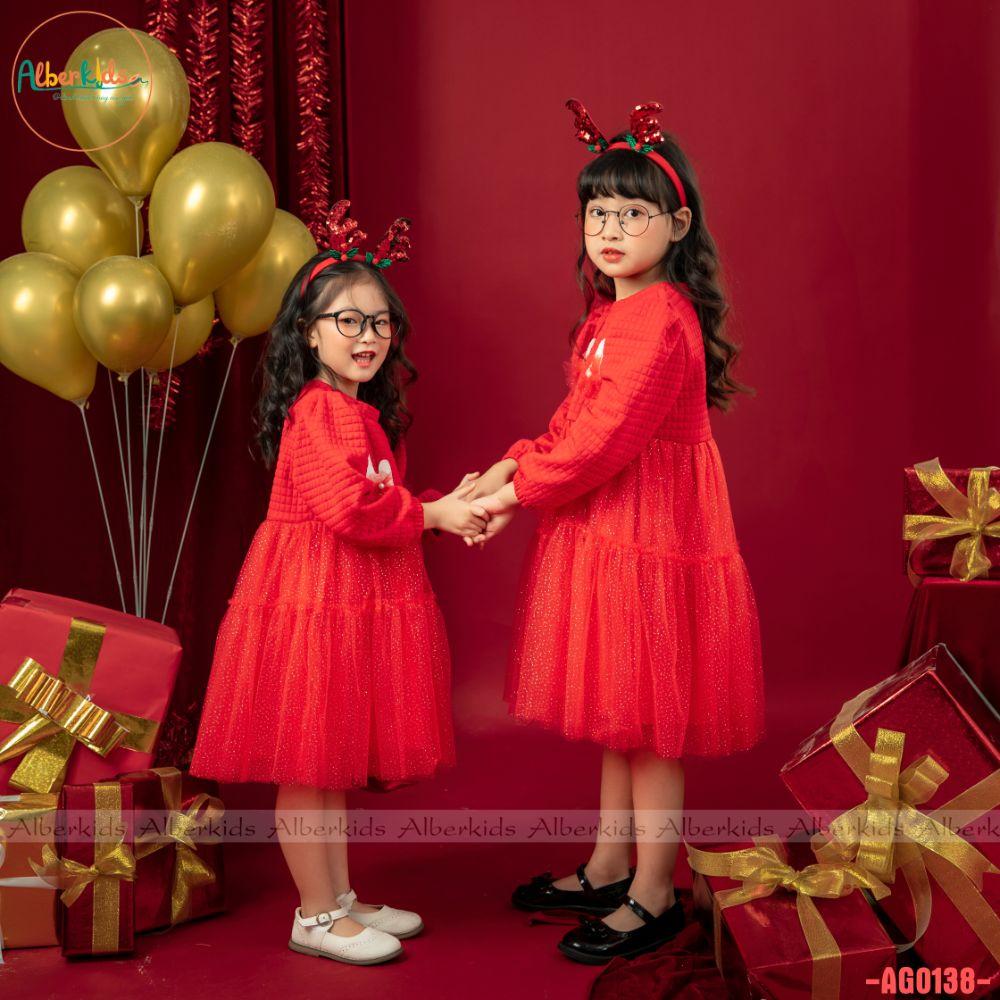 Váy bé gái ALBERKIDS công chúa đỏ noel tai tuần lộc cho trẻ em 2,3,4,5,6,7,8,9,10,11,12 tuổi