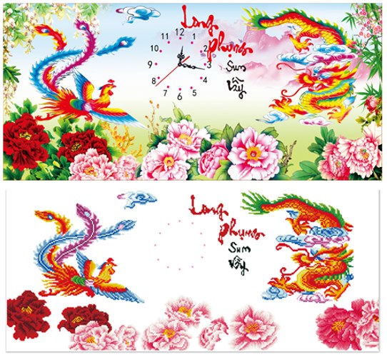 Tranh đính đá đồng hồ long phụng sum vầy VS067 - 112 x 54 cm - chưa đính