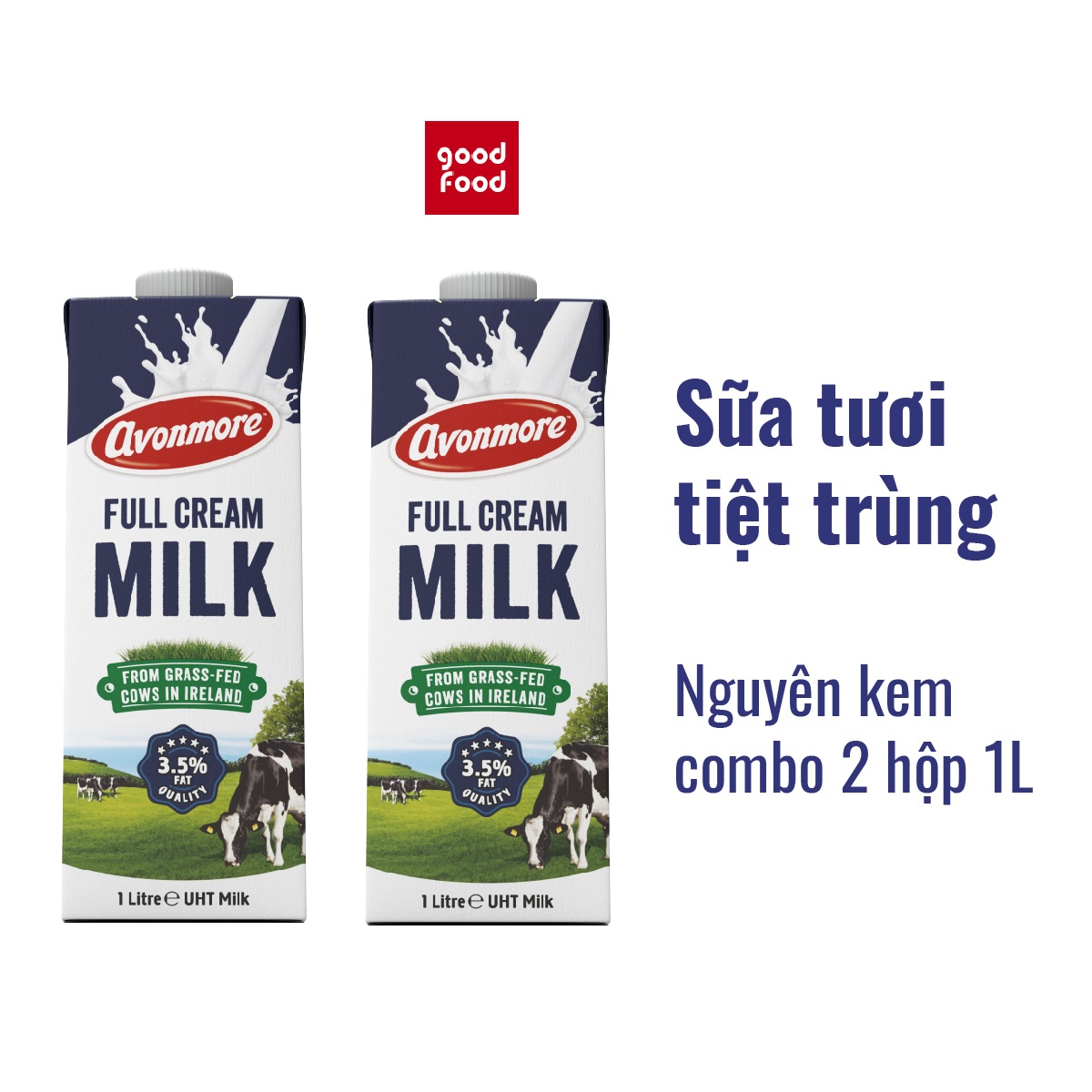 Combo 2 hộp Sữa tươi nguyên chất tiệt trùng (không đường) Avonmore UHT Full Cream Milk 1L