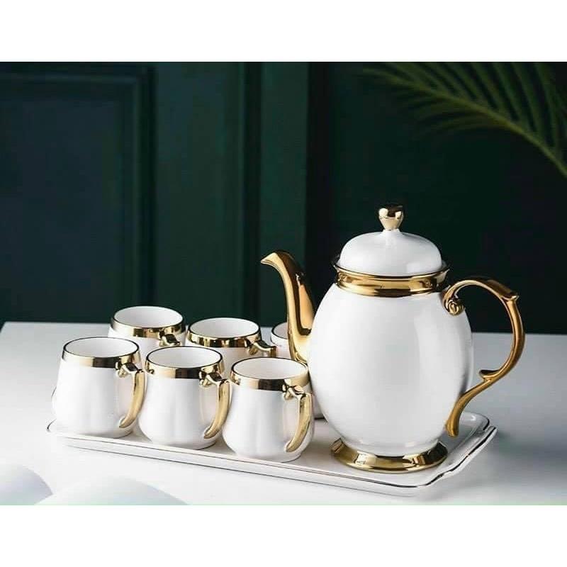 BỘ ẤM CHÉN KÈM KHAY SỨ PHA TRÀ CÀ PHÊ TRẮNG VIỀN VÀNG ẤM BẦU CAO