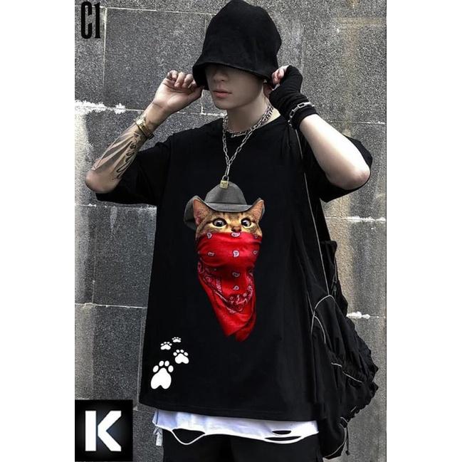 ÁO THUN UNISEX COTON MÈO BỊT MẶT ĐỘI NÓN DẤU CHÂN