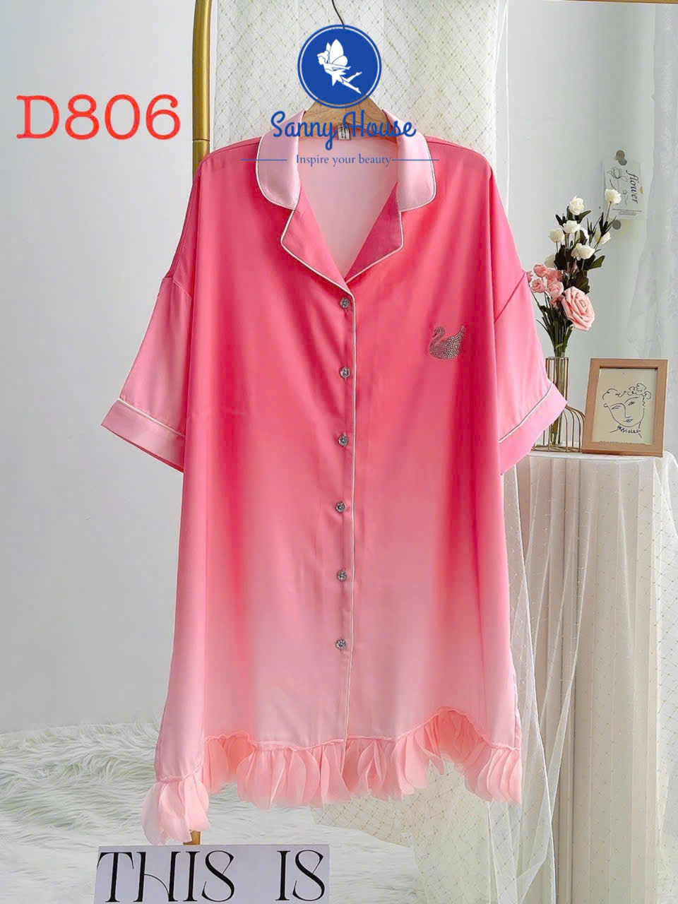 Đầm Sơmi D802 Lụa Quảng Châu Cao Cấp Đính Đá Thiên Nga Xinh Xắn