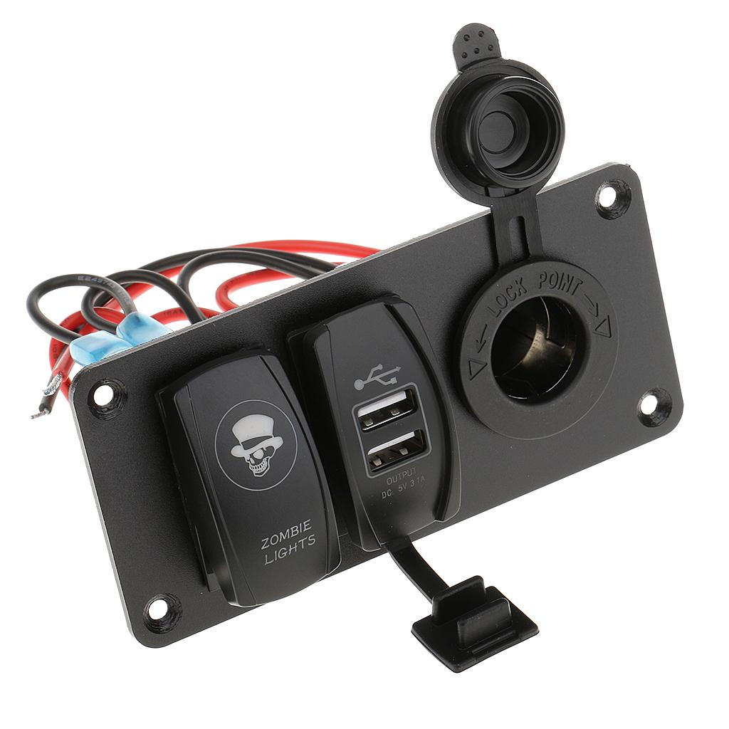 Power Socket +5 Pin Rocker Switch+Dual USB Charger Panel for 12V/24V Vehicles