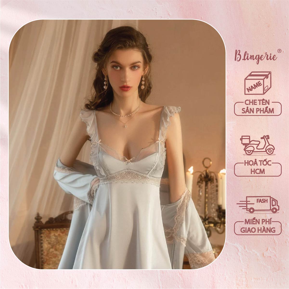 Váy Ngủ Satin Hai Dây Phối Ren - B.Lingerie