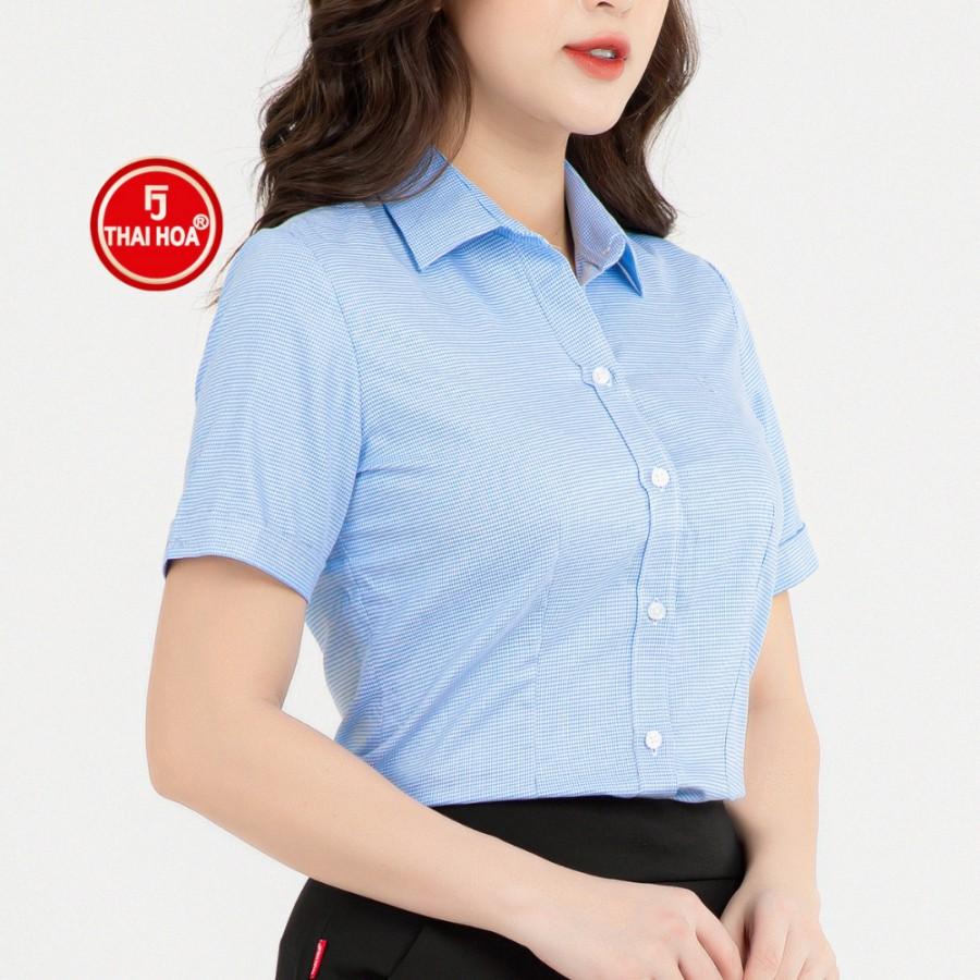 Áo sơ mi nữ Thái Hòa N65-15-01 vải cotton thoáng mát màu kẻ xanh dương đậm