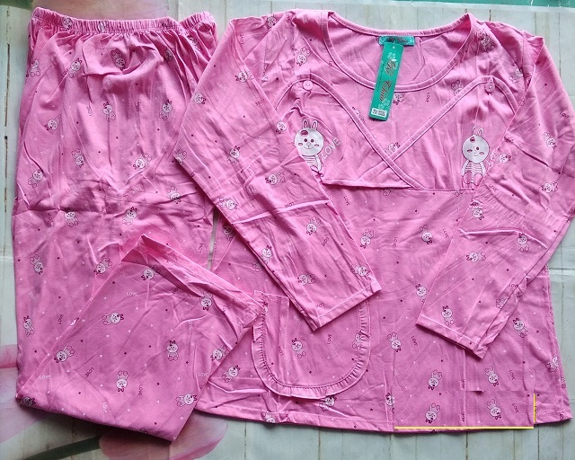 Đồ bộ sau sinh cotton dáng dài tay dài có form to đến 80kg-họa tiết ngẫu nhiên