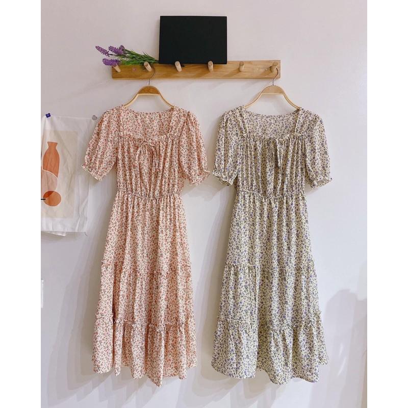 Váy Hoa Nhí Vintage Cổ Vuông Chun Eo 3 Tầng
