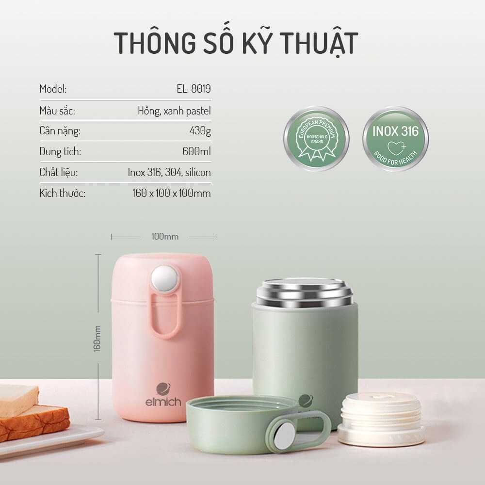 Bình đựng thức ăn giữ nhiệt Elmich EL8017 300ml, EL8018 400ml, EL8019 600ml, Hàng chính hãng, ủ cháo, Inox 316 - JoyMall
