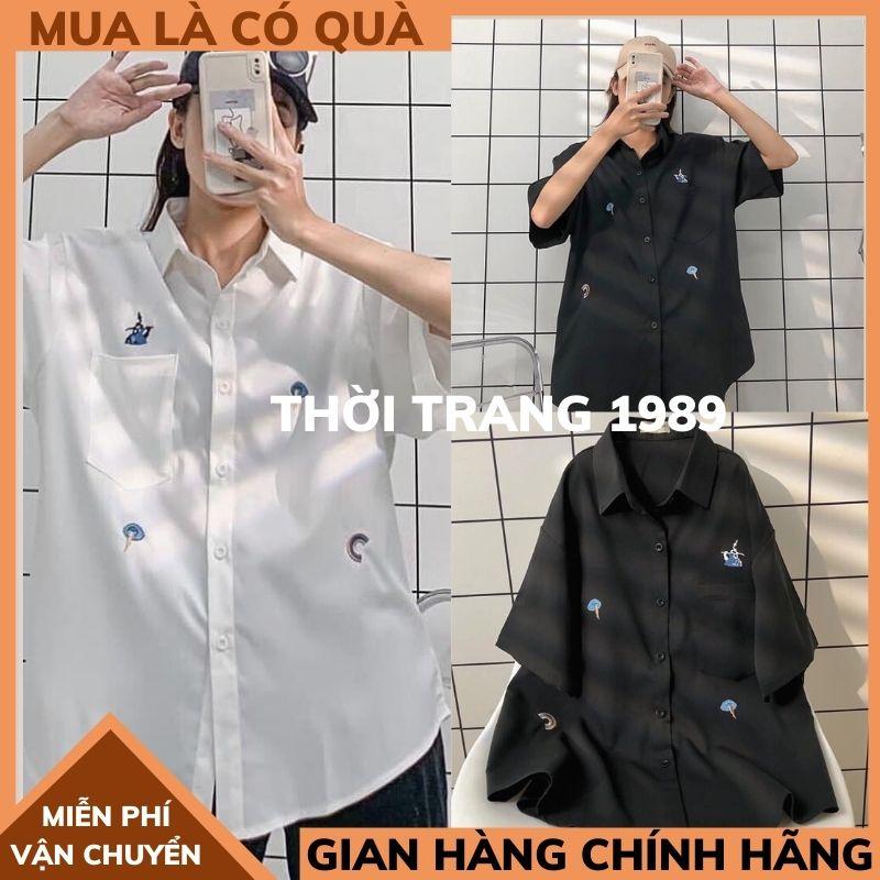 Áo sơ mi cộc tay thêu hình ngộ nghĩnh nữ áo sơ mi nữ UNISEX ,chất thô mềm chuẩn form phong cách hàn quốc THỜITRANG1989