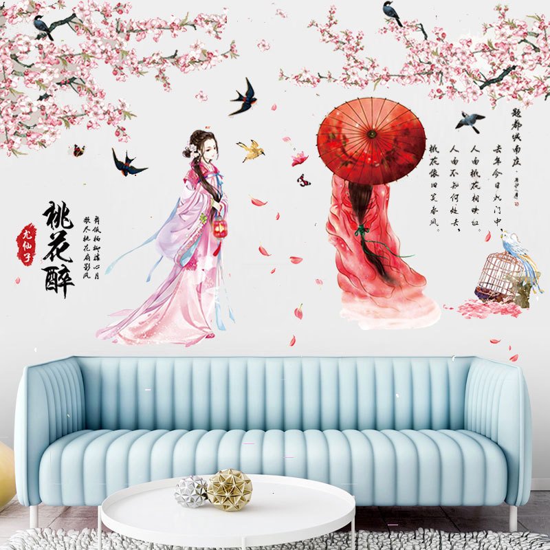 Decal dán tường cổ trang hai cô gái  và hoa đào nở rộ