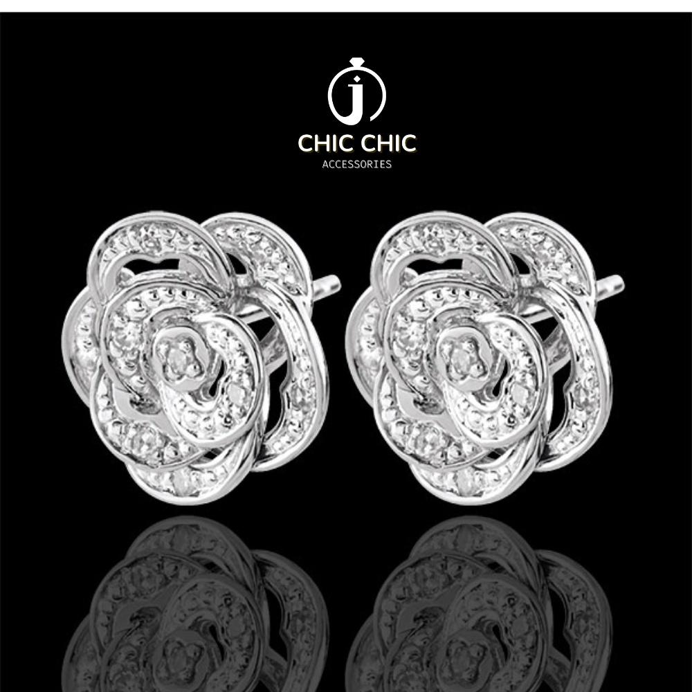 Bông tai Nữ Đính Đá Zircon Hình Hoa Trà Phong Cách Pháp | Bông tai Chic Chic A14