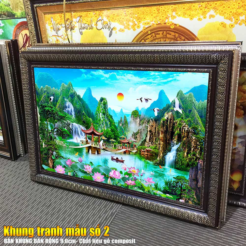Tranh treo tường phòng khách, phòng ngủ SƠN THỦY HỮU TÌNH khung gỗ composit chất liệu pvc gương / lụa kim sa. MS:1726L9