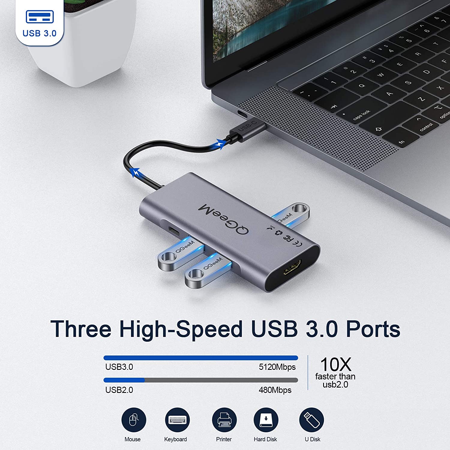 Bộ Hub USB C QGeeM 7 trong 1 4K Type C sang HDMI, 3 x USB 3.0, 1 x USB-C sạc nhanh PD 100w, 1 khe đọc thẻ SD&amp;TF tương thích với MacBook Pro 13/15 (Thunderbolt 3), 2018 Mac Air, Chromebook Type C Adapter - Hàng Chính Hãng