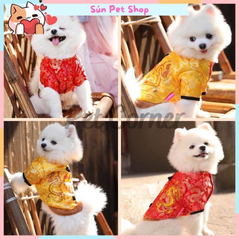 Áo Tết cho chó mèo, áo dài Tết vải gấm cho thú cưng