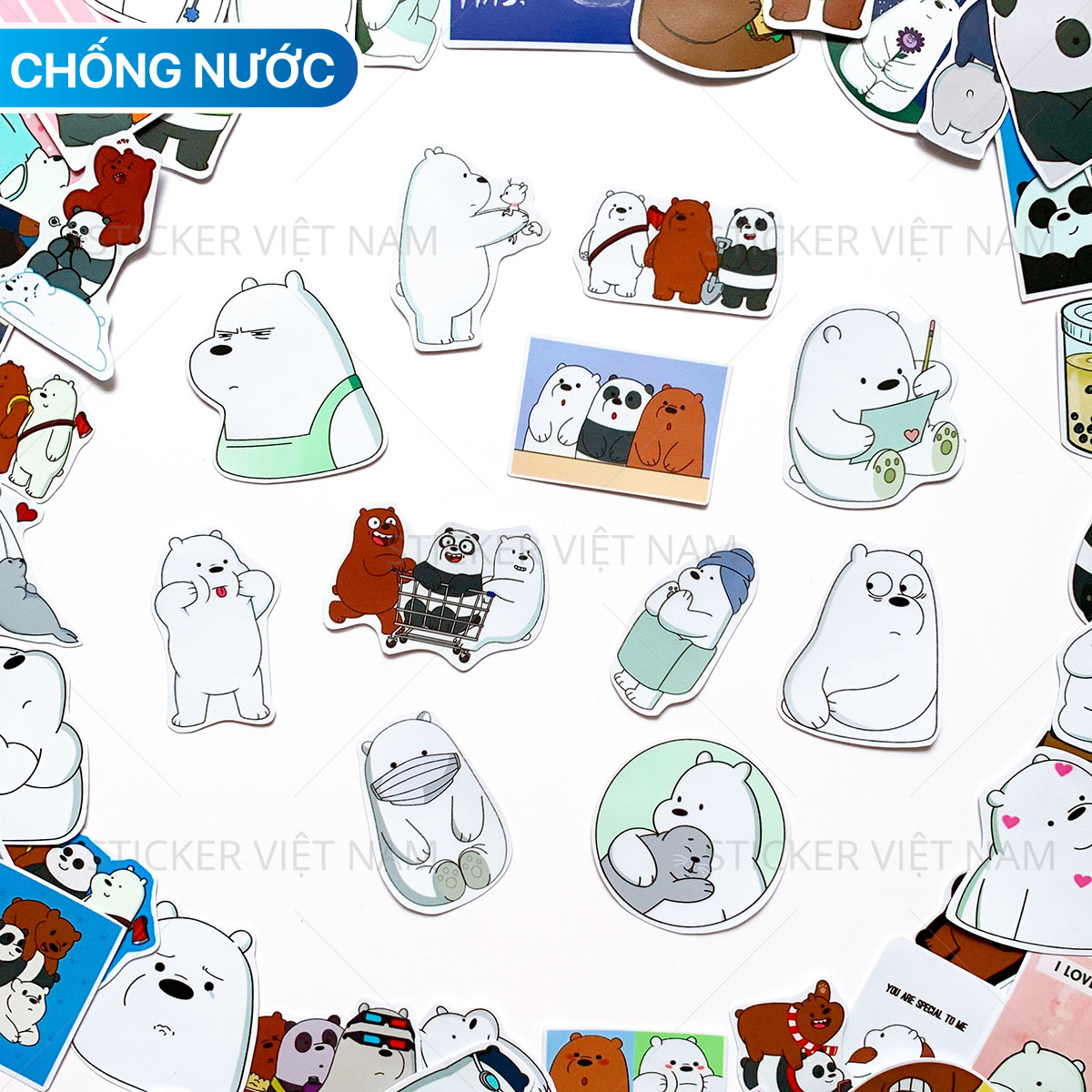 Sticker Ba Chú Gấu - We Bare Bears Siêu Dễ Thương - Chất Liệu PVC Chất Lượng Cao Chống Nước - Kích Thước 4-8cm