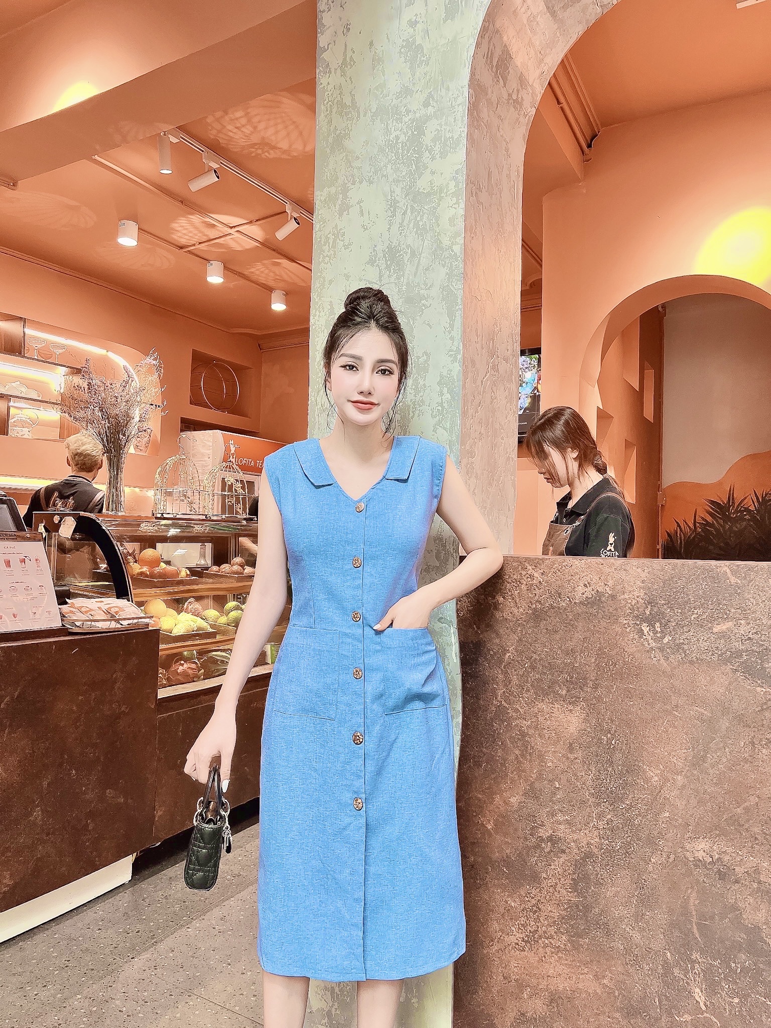ĐẦM SUÔN LINEN 2 TÚI PHỐI NÚT– M012