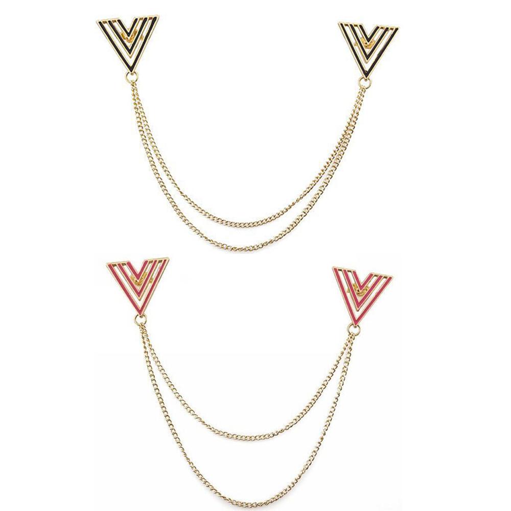 2pcs Shirt Collar Hollow Triangle Chain Jewelry Pin Brooch Brooch