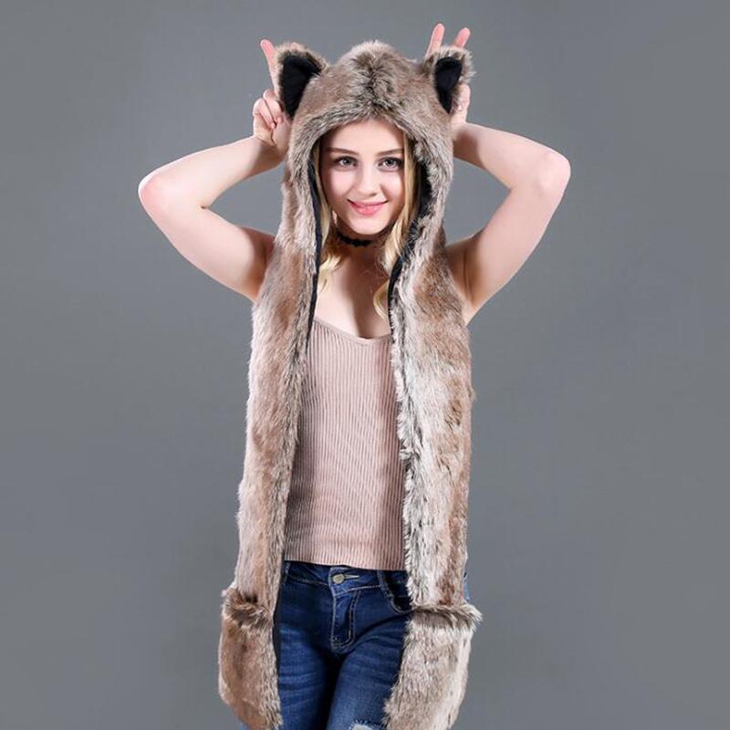 Lông Thú Giả Hood Mũ Thú Dành Cho Nam Nữ Tai Cánh Tà Tay Túi Động Vật Hood Nón Sói Sang Trọng Ấm Động Vật Nắp kèm Khăn Choàng Găng Tay H3